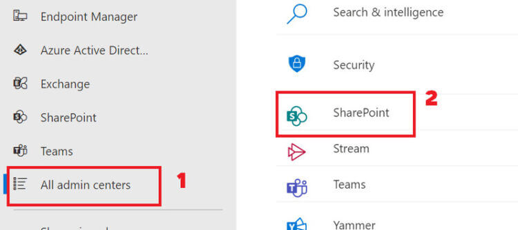 Bước 5: Chọn “All admin centers” > Chọn “Sharepoint”