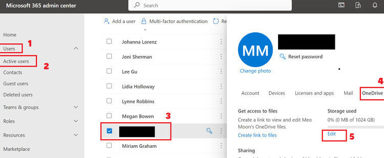Bước 8: Trở lại trang Microsoft 365 admin center, chọn tab Users > “Active users” > Chọn tên tài khoản của bạn > Nhấn vào tab “OneDrive” > Chọn “Edit”